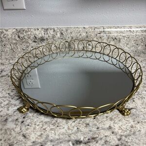 Round Mirrored Glass Metal Vanity Tray with Decorative Feet, 12in Diameter. Gold